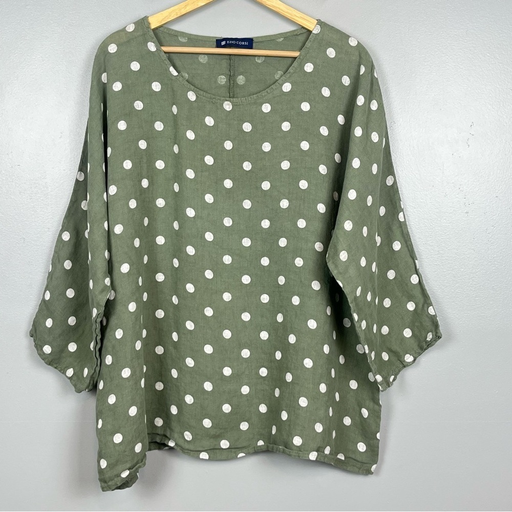 Ezio Corsi 100% linen green and white polka dot blouse top, no size.